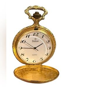 Vintage Armitron Gold Tone Metal Case White Dial Face Gone Fishing Pocket Watch